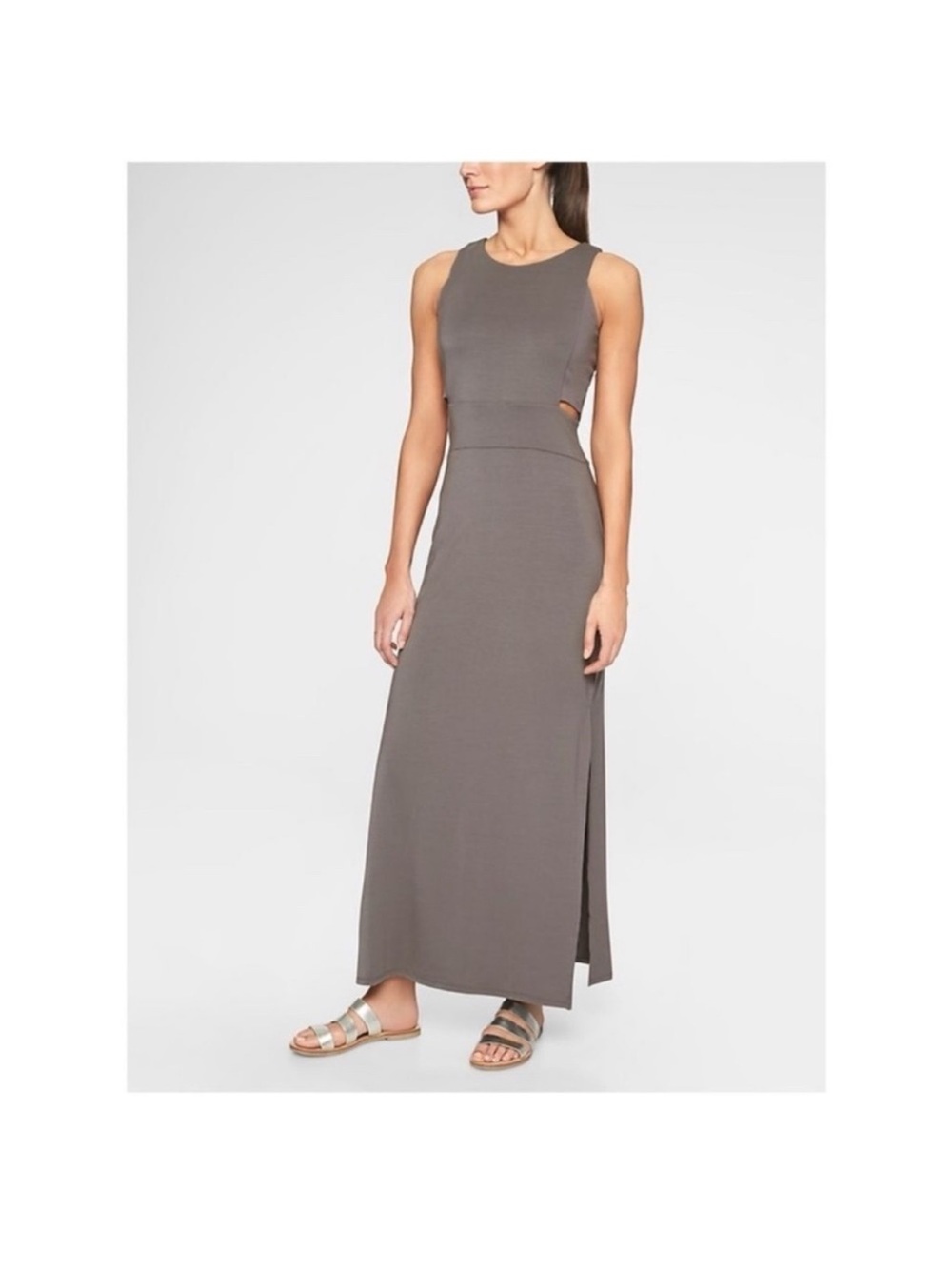 Athleta Taupe Sleeveless Maxi Dress with Side Cutouts